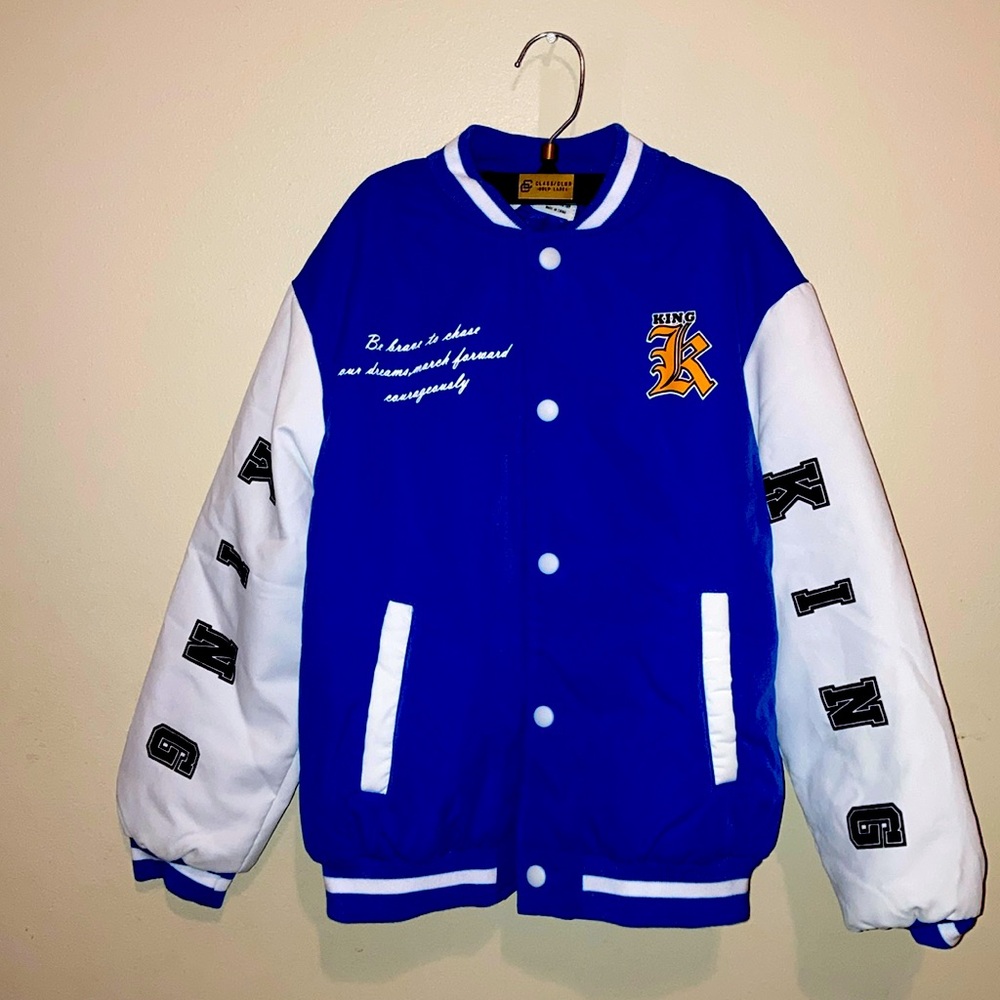 Blue, white letter style coat for a boy